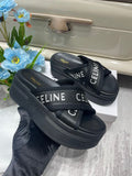 Pre Order Luxury White Logo Platform Cross Strap Slides in Black
