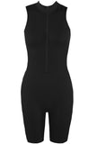 Zip Up Front Ribbed Unitard In Black