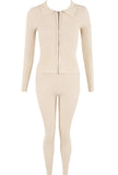 Beige Double Zip Up Ribbed Loungeset