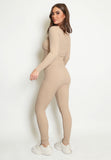 Beige Double Zip Up Ribbed Loungeset
