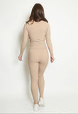 Beige Double Zip Up Ribbed Loungeset